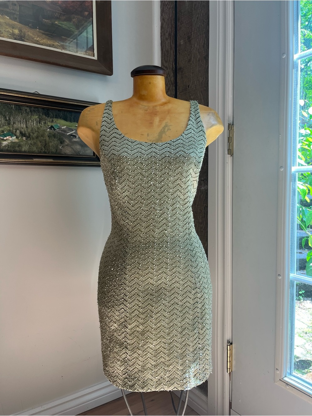Silvery-green 90s vintage textured tank dress